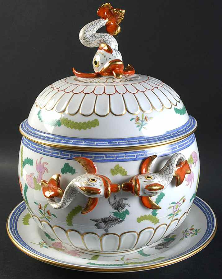 Poisson (PO) (White Background) Dolphin Tureen wLid & Underplate by Herend-1