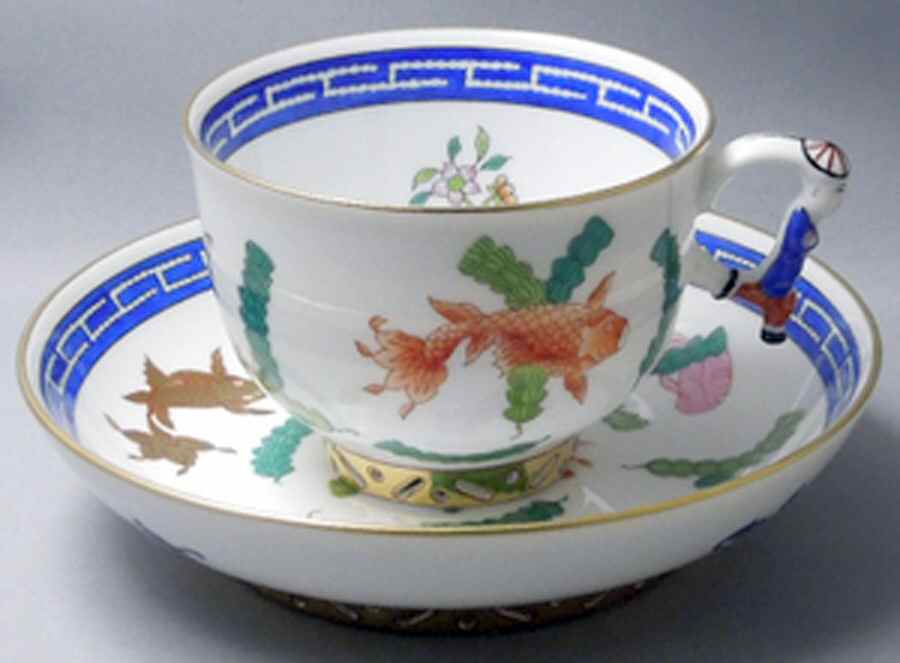 Poisson (PO) (White Background) Footed Cup & Saucer Set by Herend-1