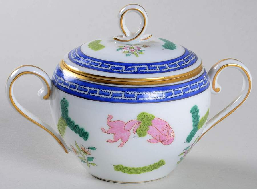 Poisson (PO) (White Background) Sugar Bowl & Lid by Herend-1
