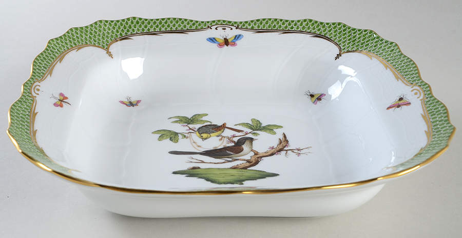 Rothschild Bird Green Border (ROEV) 10" Square Large Fruit Bowl by Herend-1
