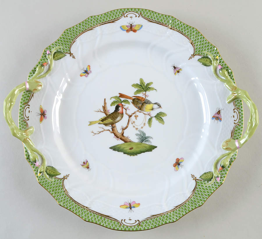 Rothschild Bird Green Border (ROEV) 12" Handled Chop Plate (Round Platter) by Herend-1