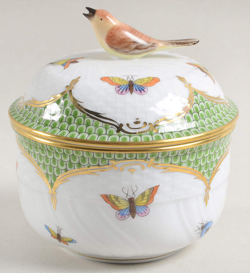 Rothschild Bird Green Border (ROEV) Sugar Bowl & Lid by Herend-1