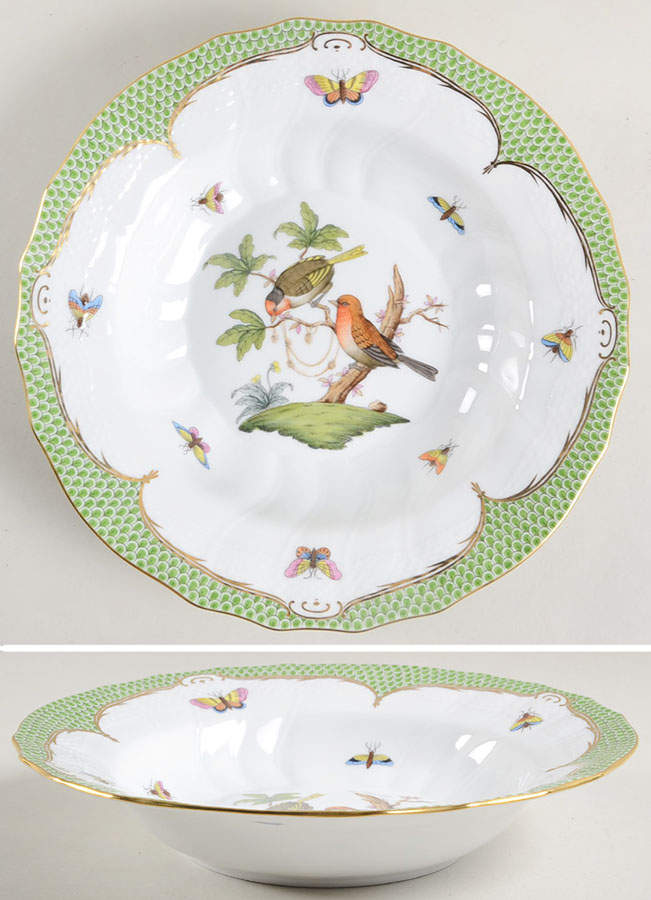 Rothschild Bird Green Border (ROEV) Large Rim Soup Bowl by Herend-1