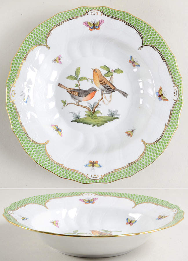 Rothschild Bird Green Border (ROEV) Large Rim Soup Bowl by Herend-1