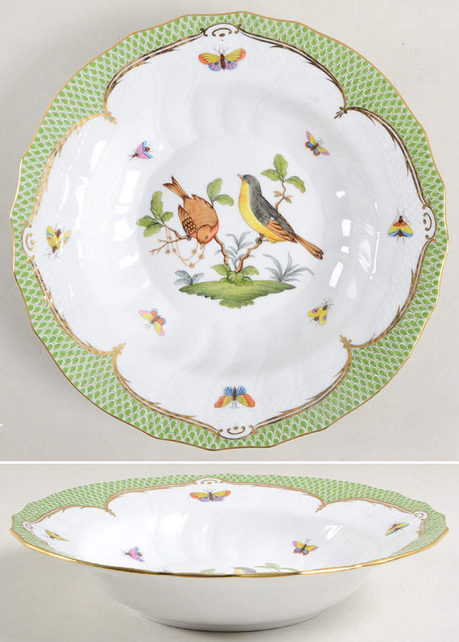 Rothschild Bird Green Border (ROEV) Large Rim Soup Bowl by Herend-1