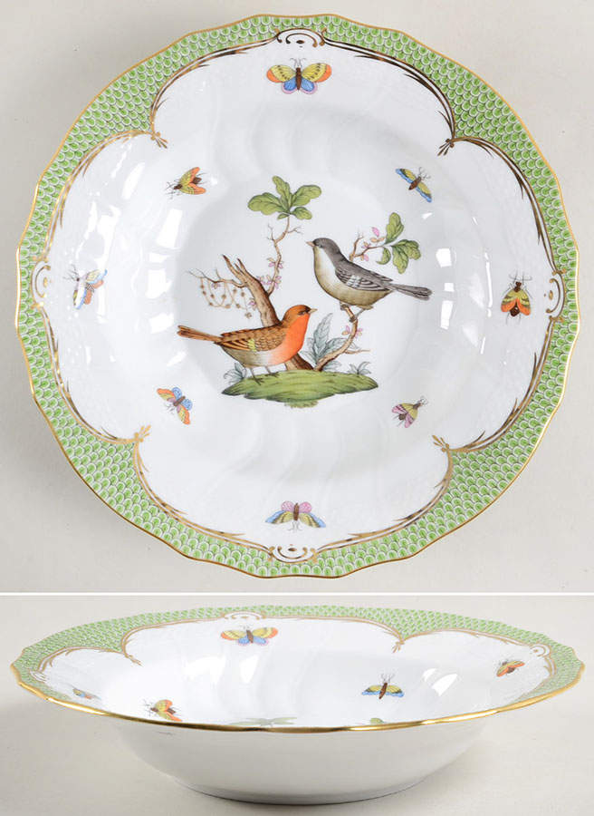 Rothschild Bird Green Border (ROEV) Large Rim Soup Bowl by Herend-1