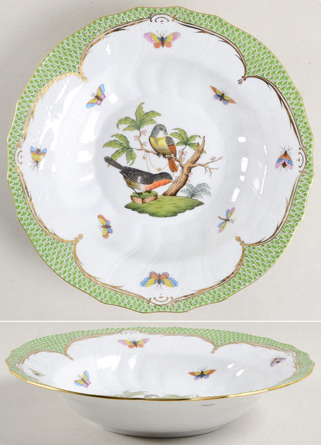 Rothschild Bird Green Border (ROEV) Large Rim Soup Bowl by Herend-1