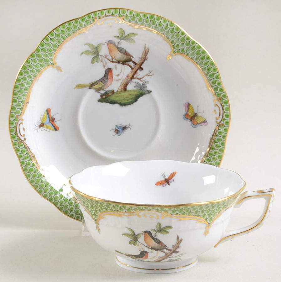 Rothschild Bird Green Border (ROEV) Footed Cup & Saucer Set by Herend-1