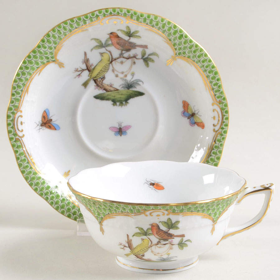 Rothschild Bird Green Border (ROEV) Footed Cup & Saucer Set by Herend-1