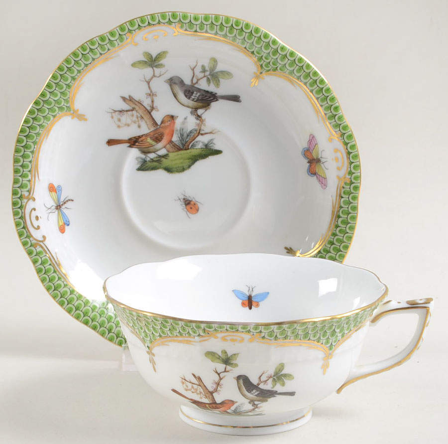 Rothschild Bird Green Border (ROEV) Footed Cup & Saucer Set by Herend-1
