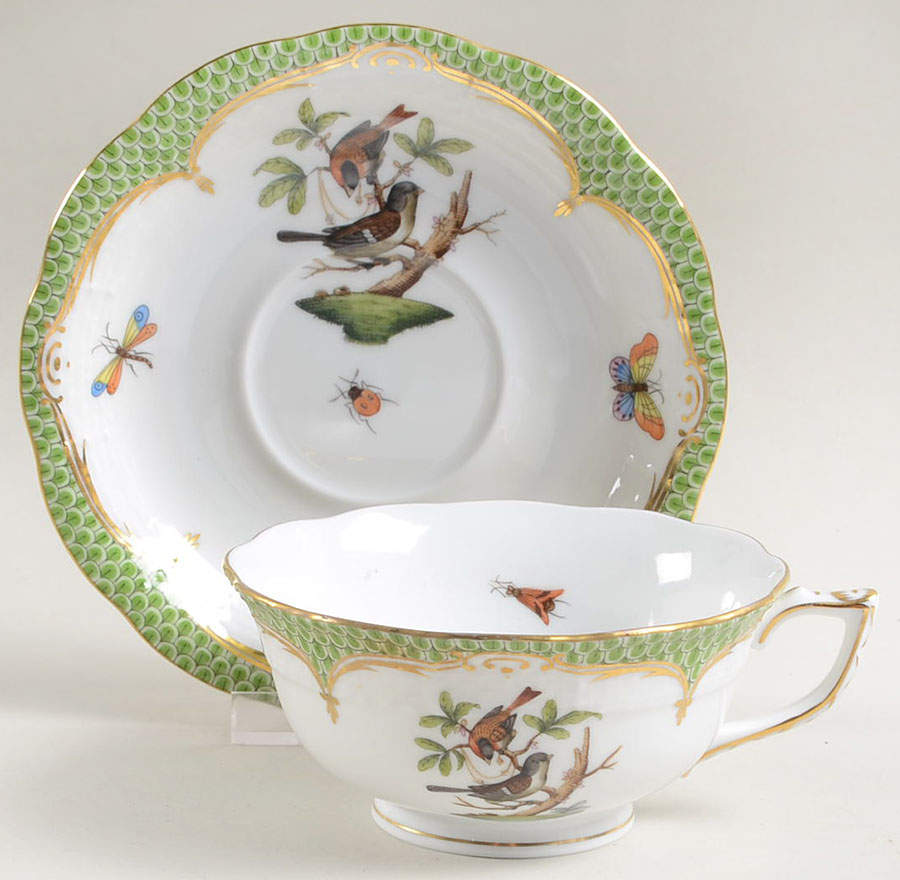 Rothschild Bird Green Border (ROEV) Footed Cup & Saucer Set by Herend-1