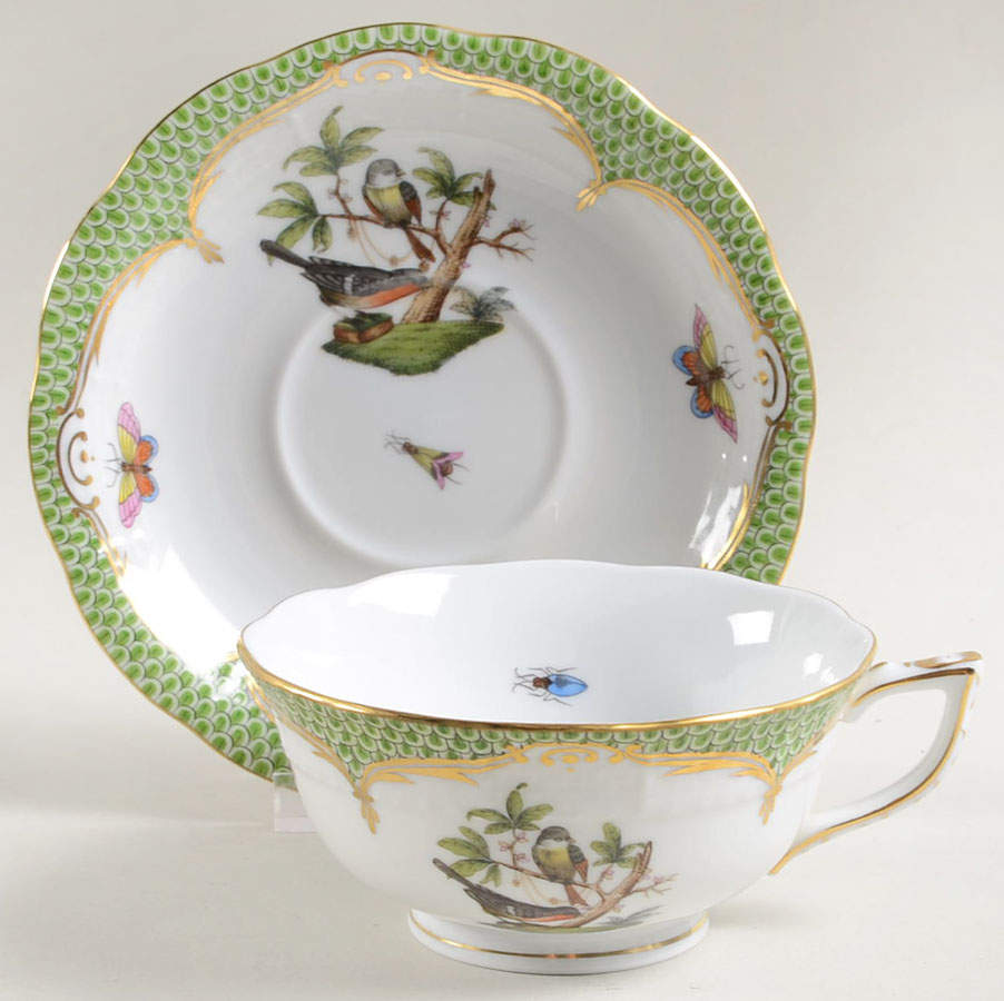Rothschild Bird Green Border (ROEV) Footed Cup & Saucer Set by Herend-1