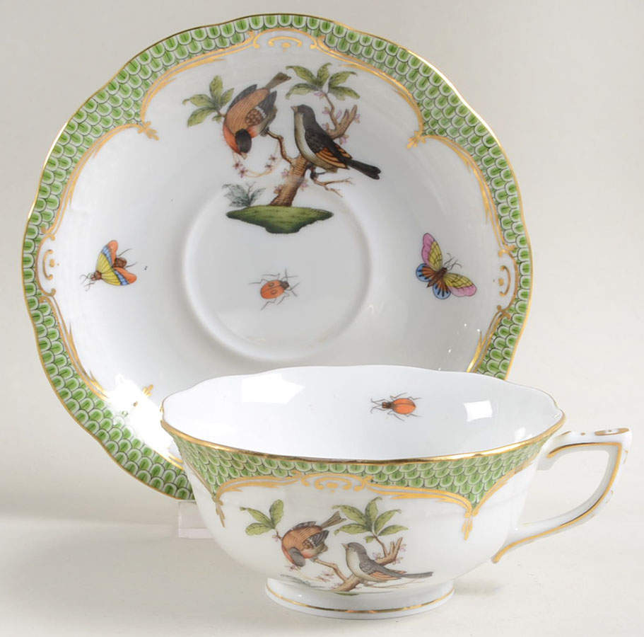 Rothschild Bird Green Border (ROEV) Footed Cup & Saucer Set by Herend-1