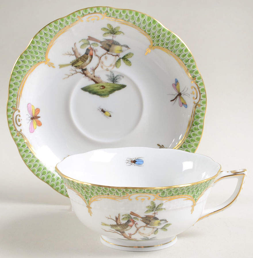 Rothschild Bird Green Border (ROEV) Footed Cup & Saucer Set by Herend-1