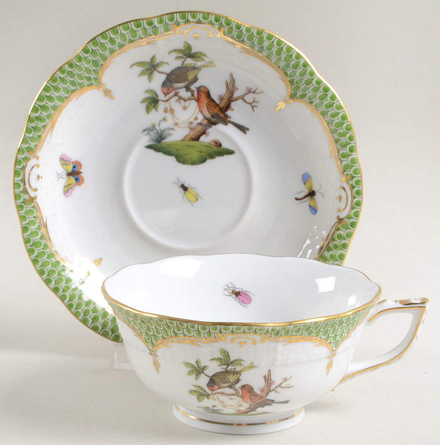 Rothschild Bird Green Border (ROEV) Footed Cup & Saucer Set by Herend-1
