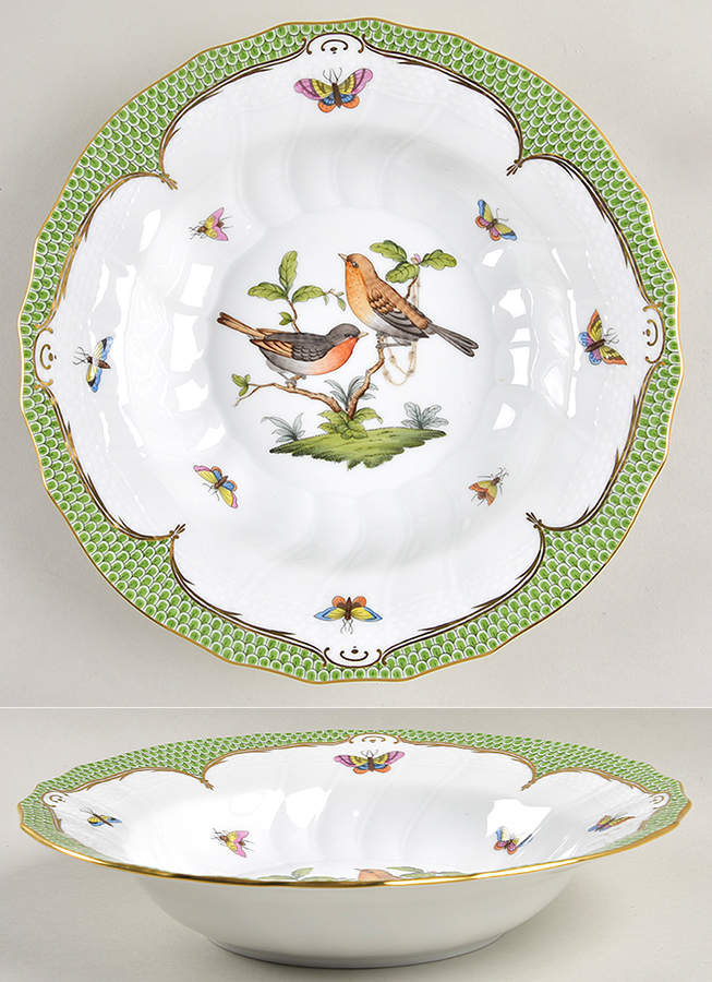 Rothschild Bird Green Border (ROEV) Large Rim Soup Bowl by Herend-1
