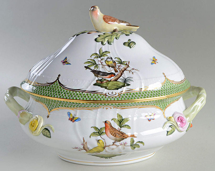Rothschild Bird Green Border (ROEV) Tureen &  Lid by Herend-1