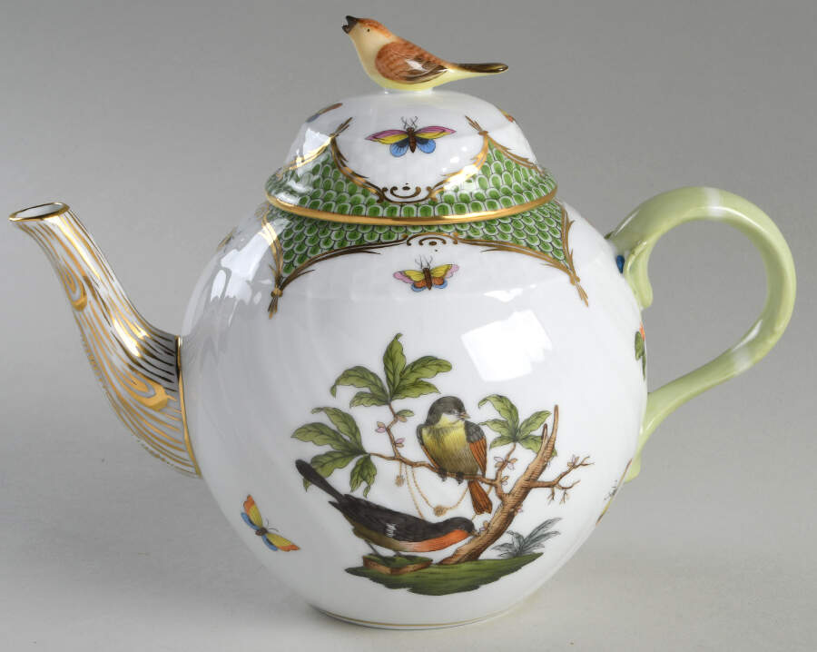 Rothschild Bird Green Border (ROEV) Small Teapot & Lid by Herend-1