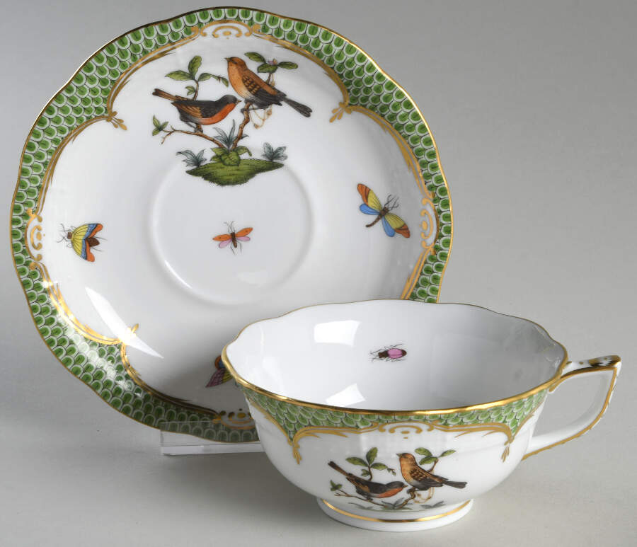Rothschild Bird Green Border (ROEV) Footed Cup & Saucer Set by Herend-1