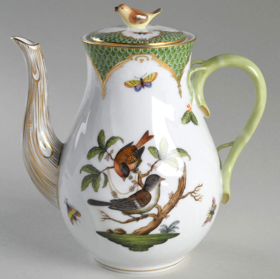 Rothschild Bird Green Border (ROEV) Small Coffee Pot & Lid by Herend-1