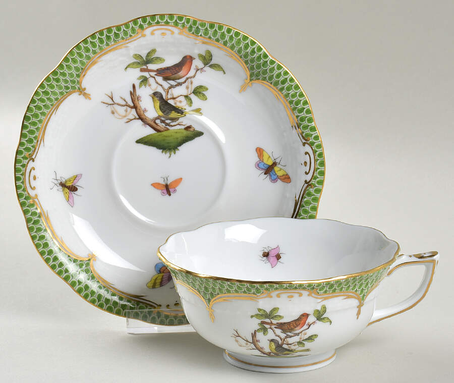 Rothschild Bird Green Border (ROEV) Footed Cup & Saucer Set by Herend-1