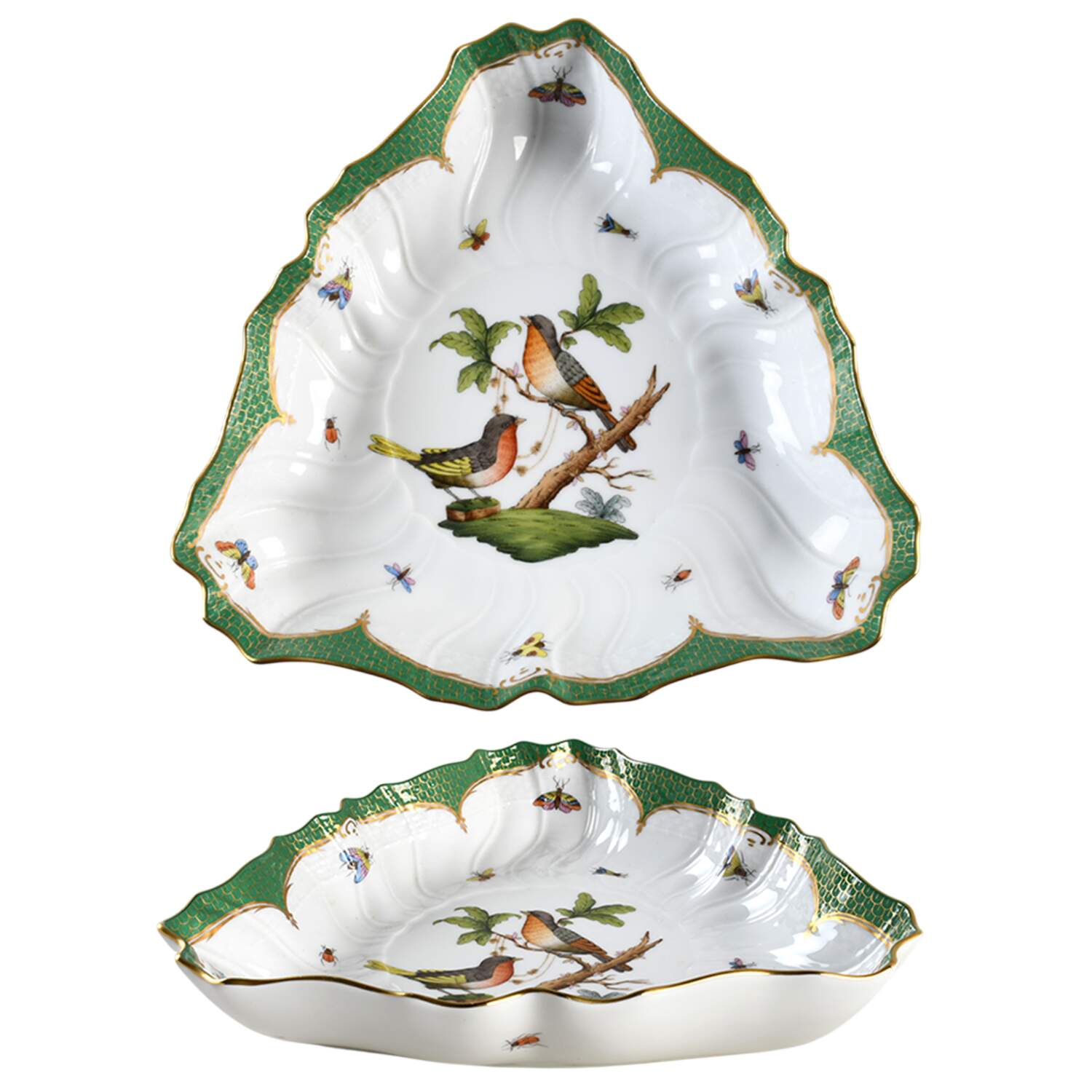 Rothschild Bird Green Border (ROEV) 10" Triangular Vegetable Bowl by Herend-1