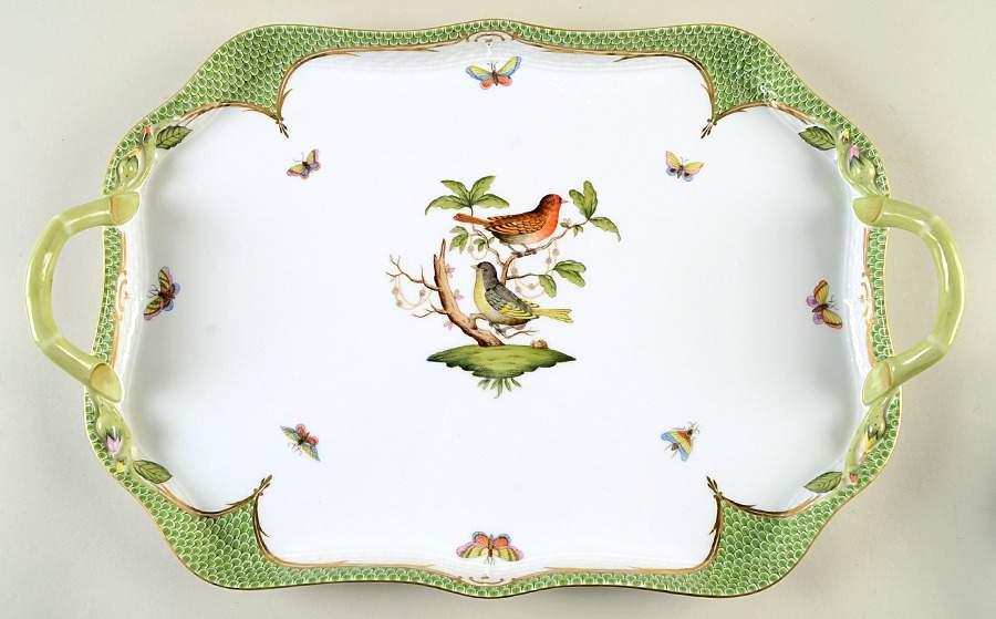 Rothschild Bird Green Border (ROEV) 18" Rectangular Handled Tray by Herend-1