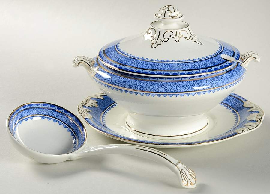 Princess Blue Sauce Boat & Lid & Underplate & Ladle by Wm Hulme-1