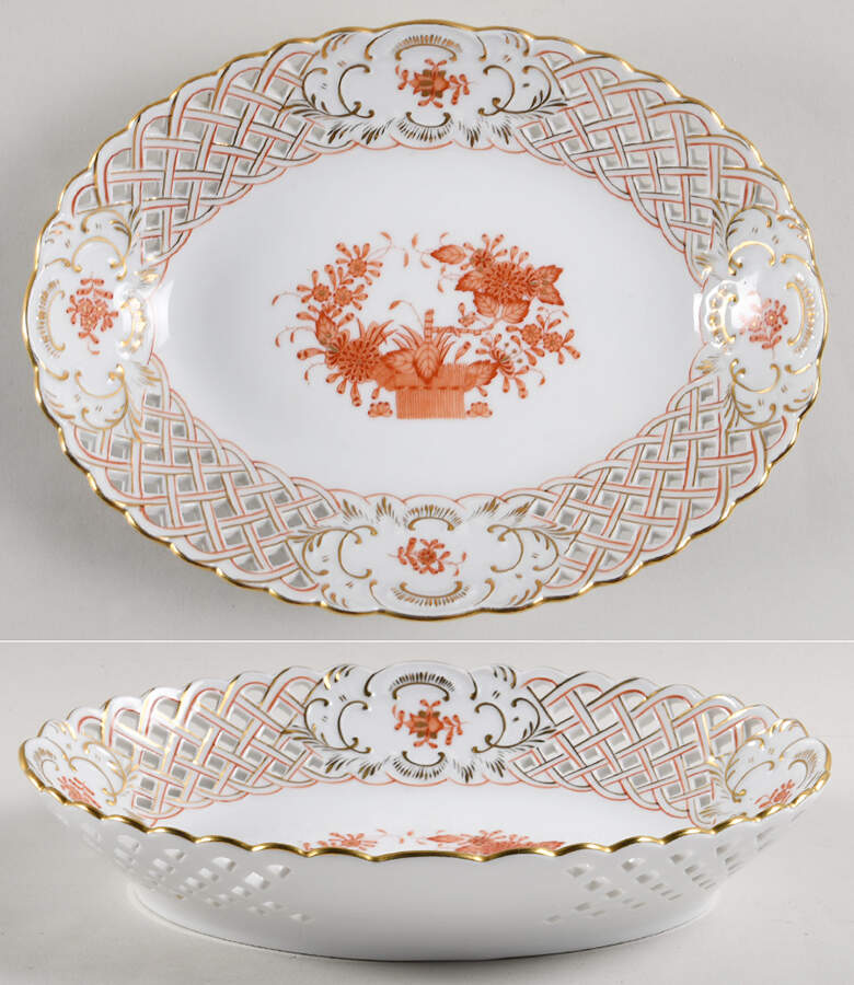 Indian Basket Rust (FH) 9" Pierced Oval Bowl by Herend-1