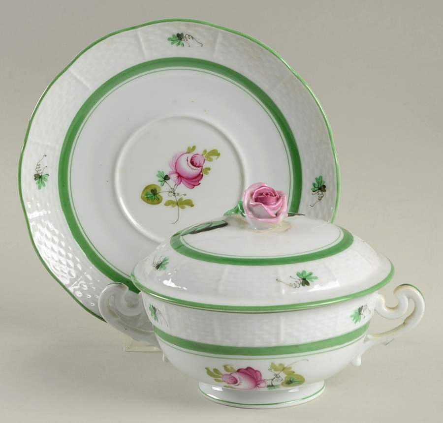 Vienna Rose Cream Soup Bowl & Saucer Set with Lid by Herend-1