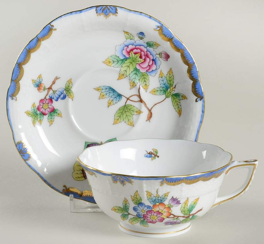 Queen Victoria (Blue Border) Footed Cup & Saucer Set by Herend-1