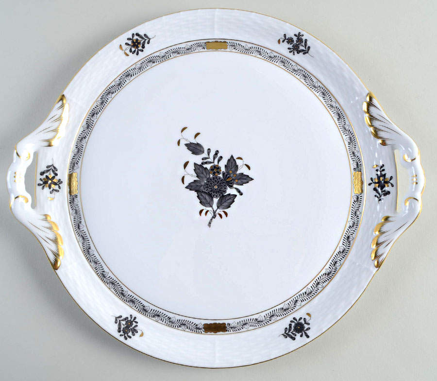 Chinese Bouquet Black 11" Round Tray w/Handles by Herend-1