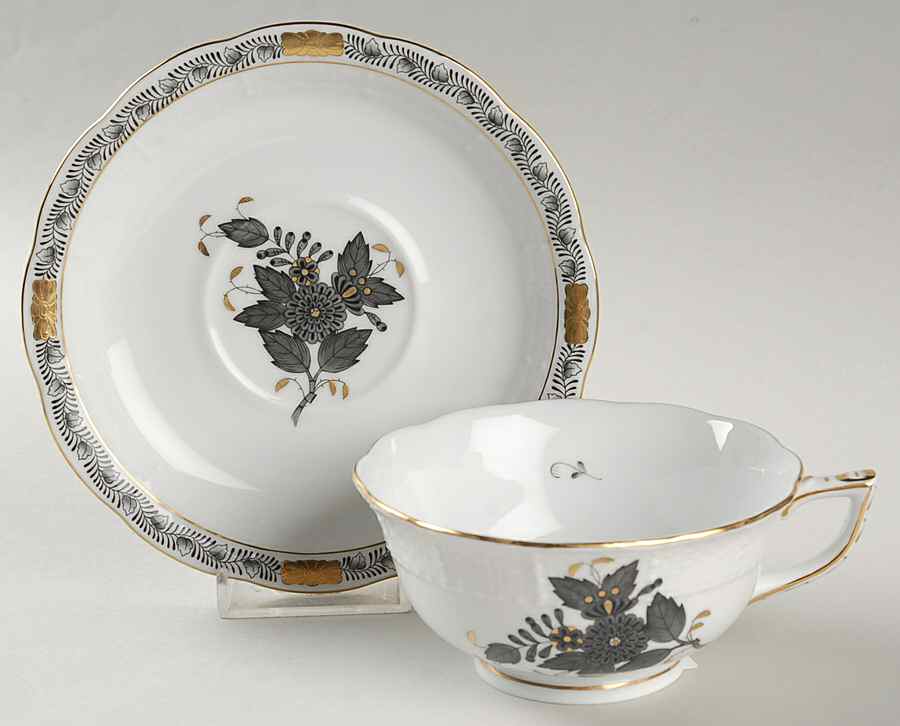 Chinese Bouquet Black Footed Cup & Saucer Set by Herend-1