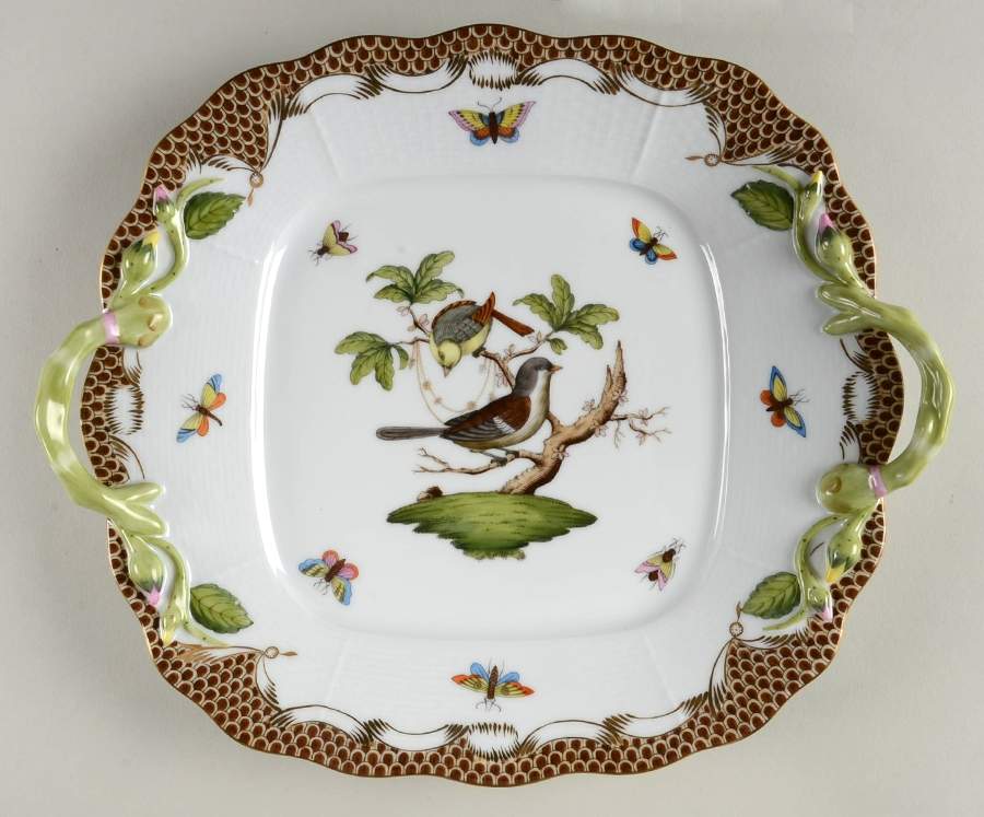 Rothschild Bird Brown Border Square Handled Cake Plate by Herend-1