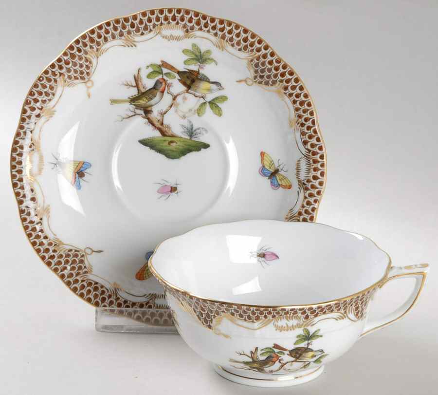 Rothschild Bird Brown Border Footed Cup & Saucer Set by Herend-1