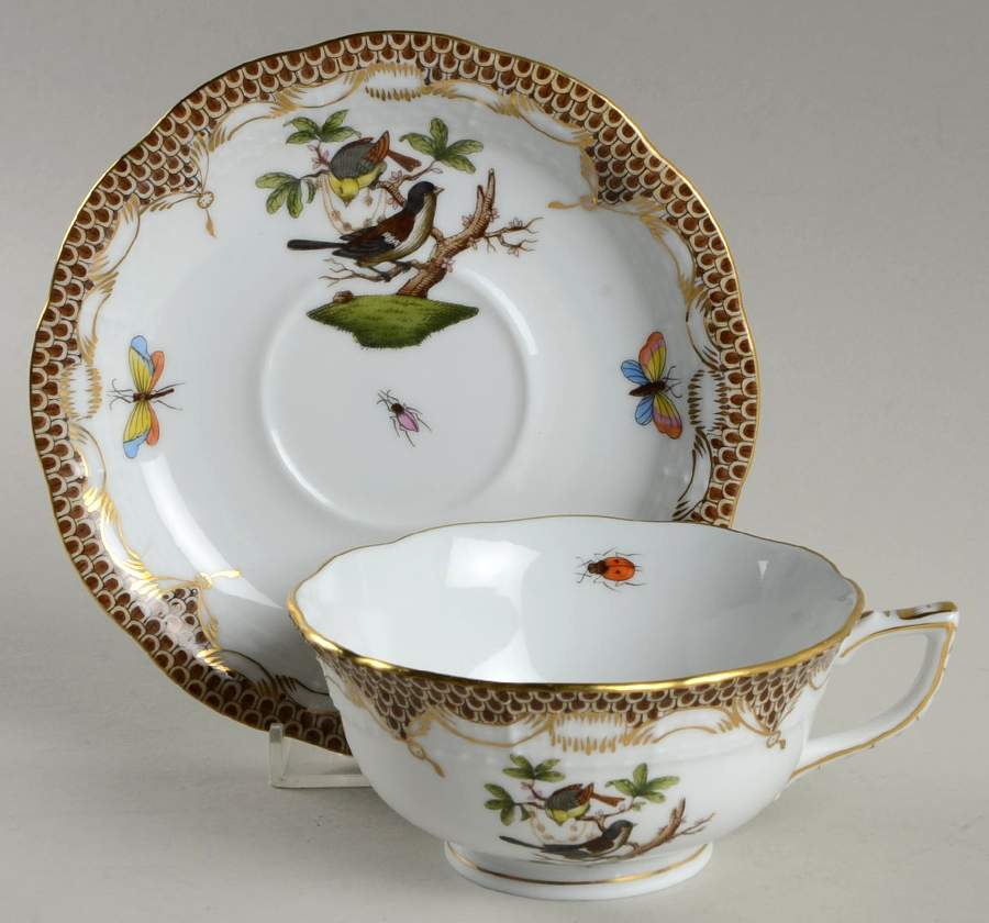 Rothschild Bird Brown Border Footed Cup & Saucer Set by Herend-1