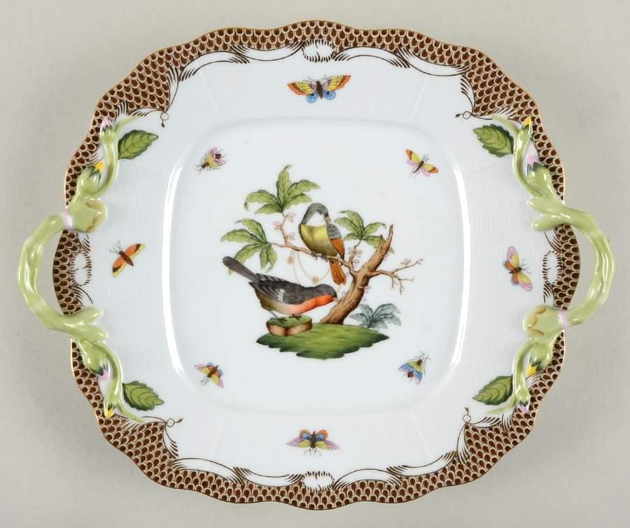 Rothschild Bird Brown Border Square Handled Cake Plate by Herend-1