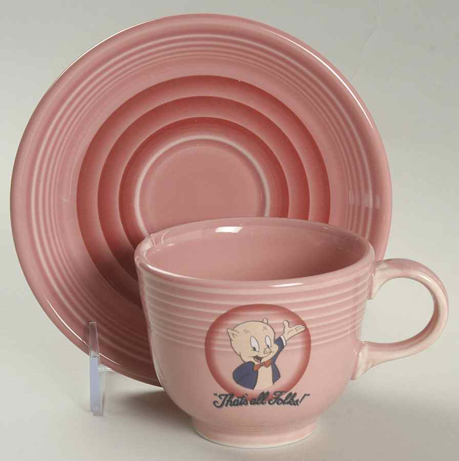 Fiesta Looney Tunes Rose Flat Cup & Saucer Set by Homer Laughlin -1