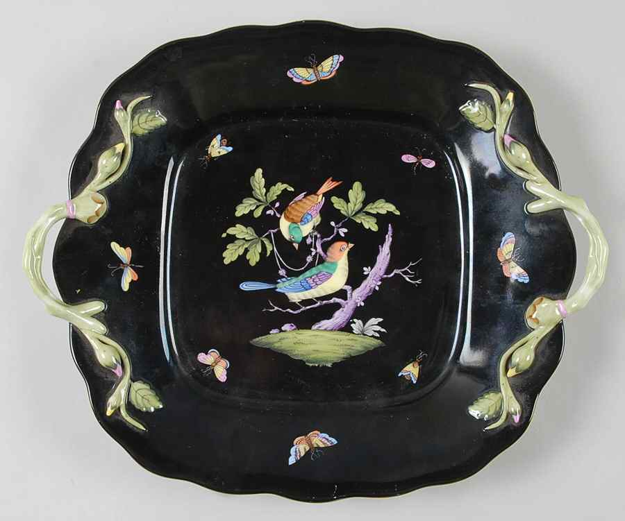 Rothschild Bird (Black Background) Square Handled Cake Plate by Herend-1