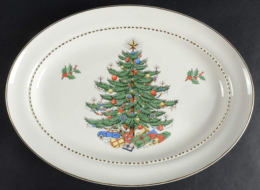 Christmas Tree & Holly 13" Oval Serving Platter by Hall-1