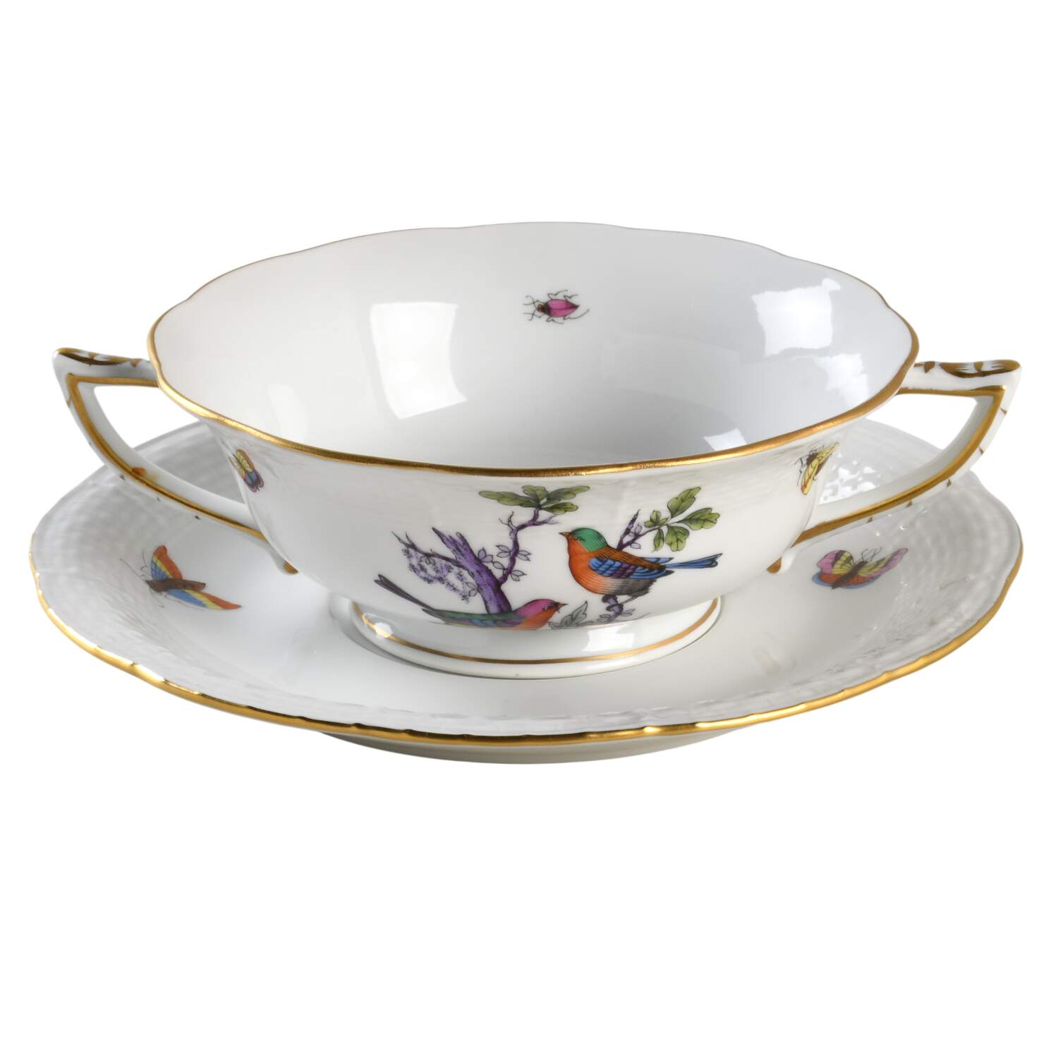 Rothschild Bird (Pastel Colors) Footed Cream Soup Bowl & Saucer Set by Herend-1