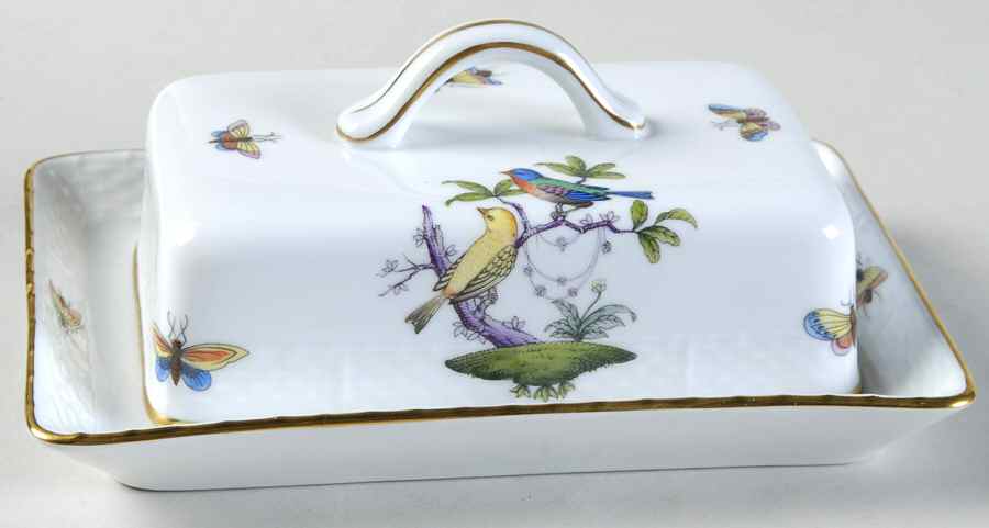 Rothschild Bird (Pastel Colors) Rectangular Covered Butter by Herend-1