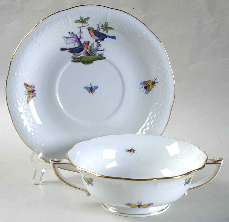 Rothschild Bird (Pastel Colors) Footed Cream Soup Bowl & Saucer Set by Herend-1