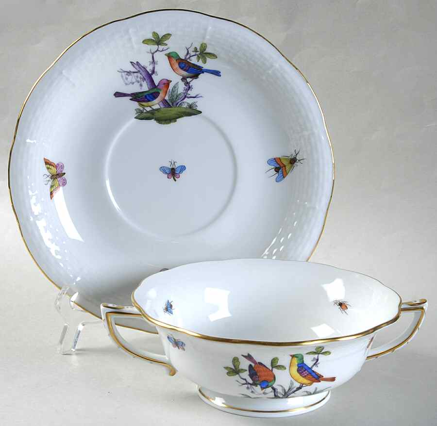Rothschild Bird (Pastel Colors) Footed Cream Soup Bowl & Saucer Set by Herend-1