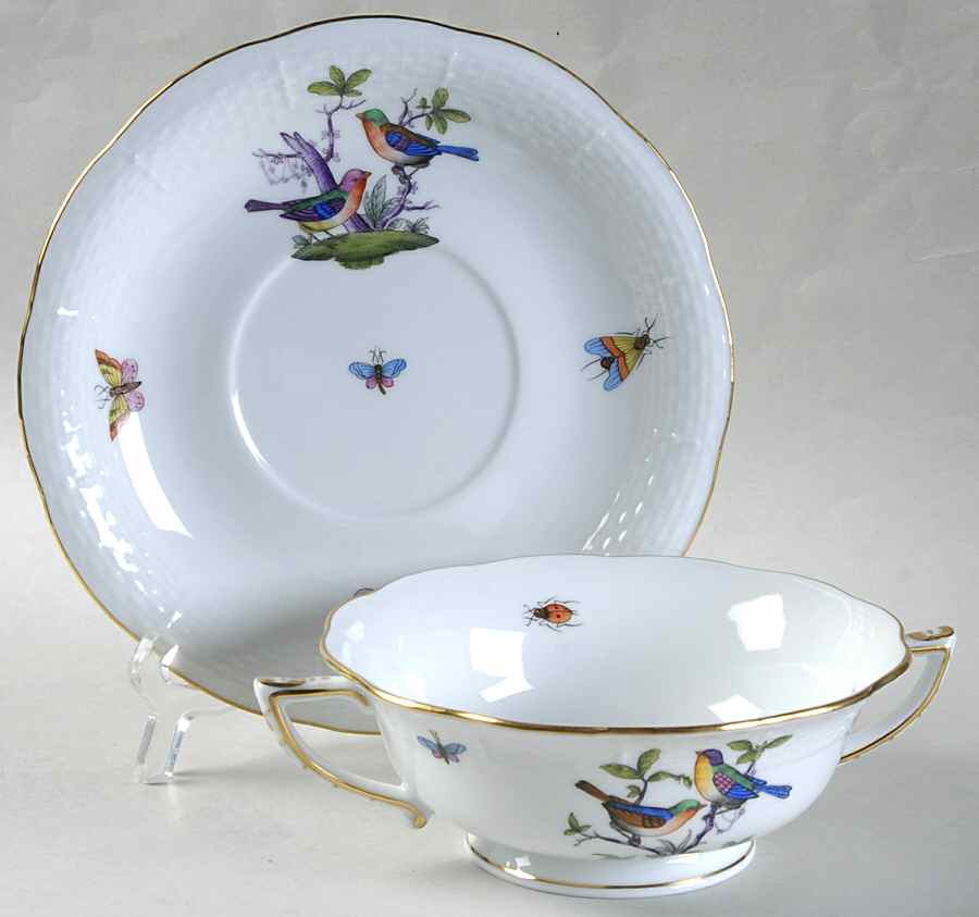 Rothschild Bird (Pastel Colors) Footed Cream Soup Bowl & Saucer Set by Herend-1