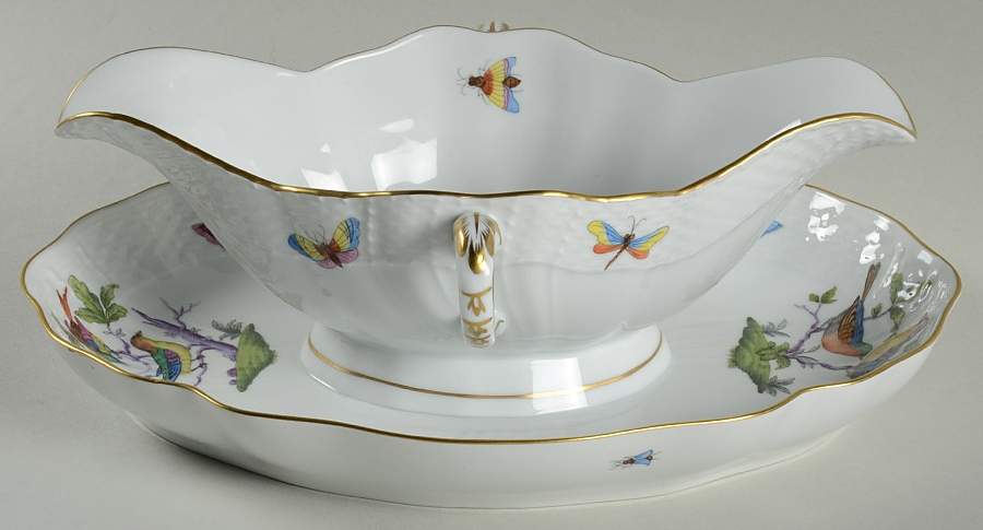 Rothschild Bird (Pastel Colors) Gravy Boat with Attached Underplate by Herend-1