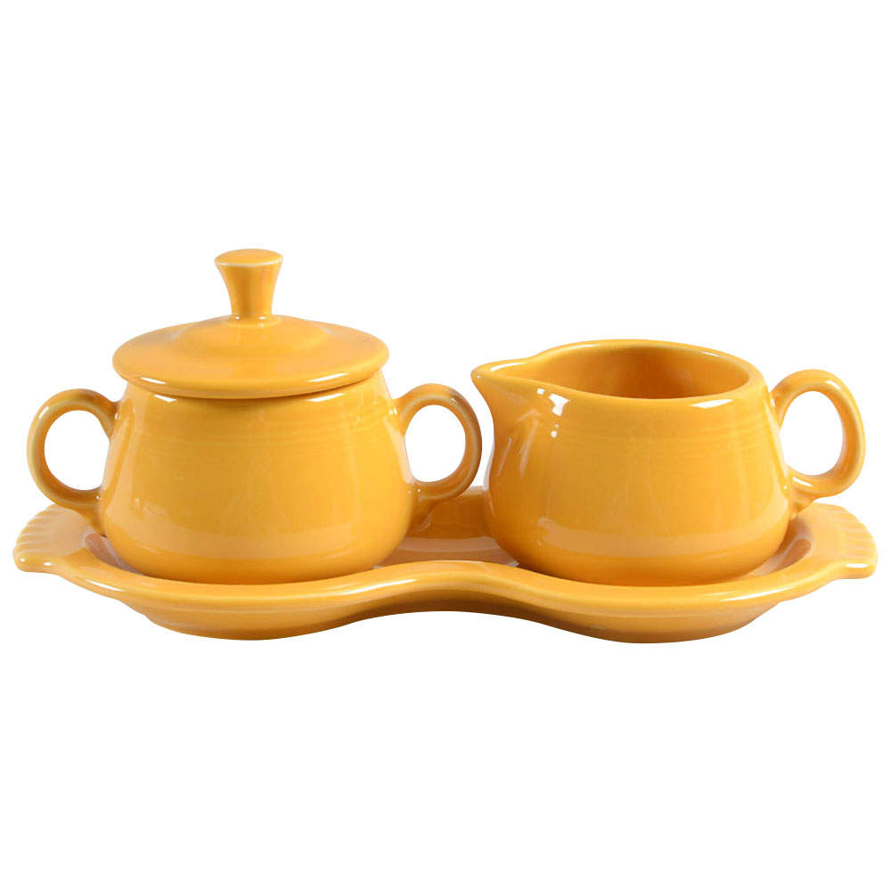Fiesta Marigold (Intro 2008, 75th Anniversary) Creamer & Sugar with Lid & Tray Set by Homer Laughlin -1