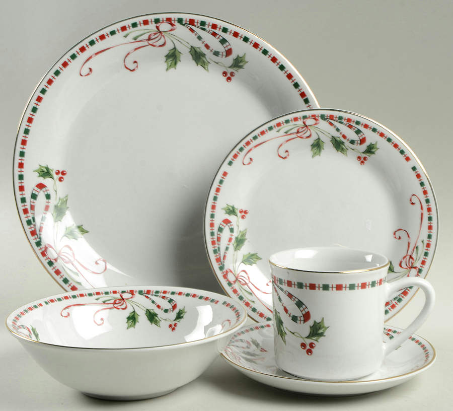 Tartan Ribbon (White Background, Gold Trim) 5 Piece Place Setting by Home Essentials-1