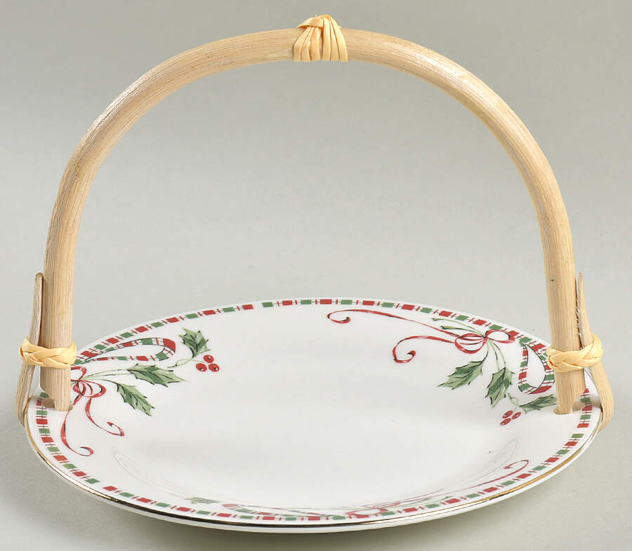 Tartan Ribbon (White Background, Gold Trim) 5 3/8"-5 5/8" Bamboo Handled Serving Plate  HC by Home Essentials-1