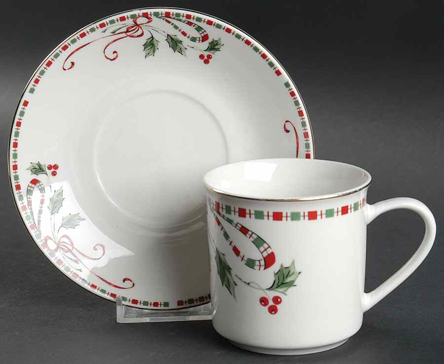 Tartan Ribbon (White Background, Gold Trim) Flat Cup & Saucer Set by Home Essentials-1